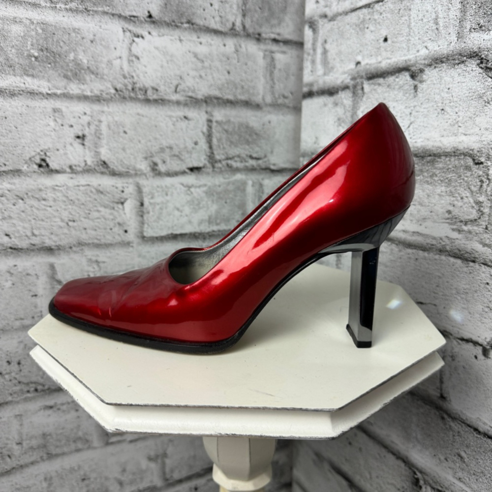Escada Red Patent Leather Silver Metallic Heel Pumps
